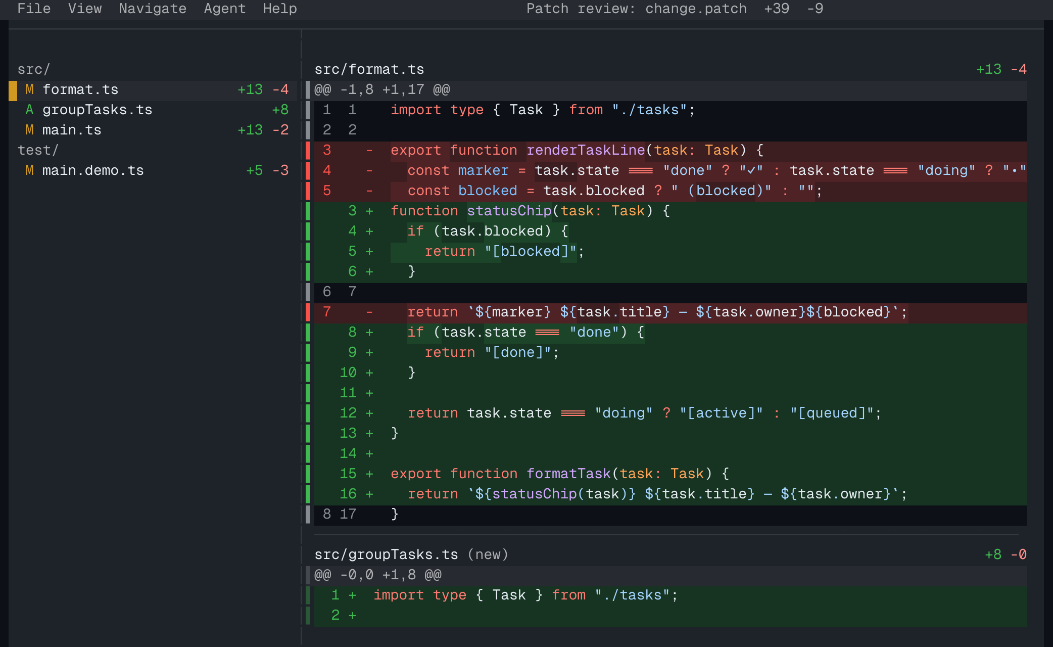 Hunk's multi-file review stream: a sidebar lists changed files while the main pane shows consecutive file diffs top to bottom