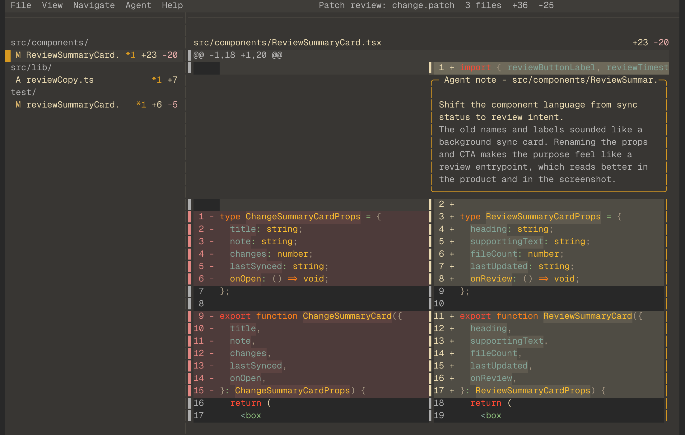 Hunk split-view diff in the Gruvbox theme