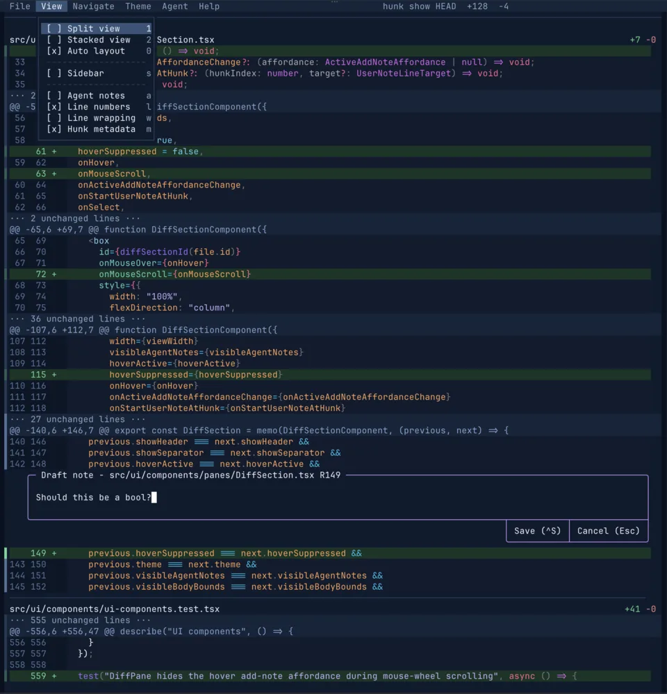 A Hunk review with agent rationale rendered directly beside the annotated diff hunk