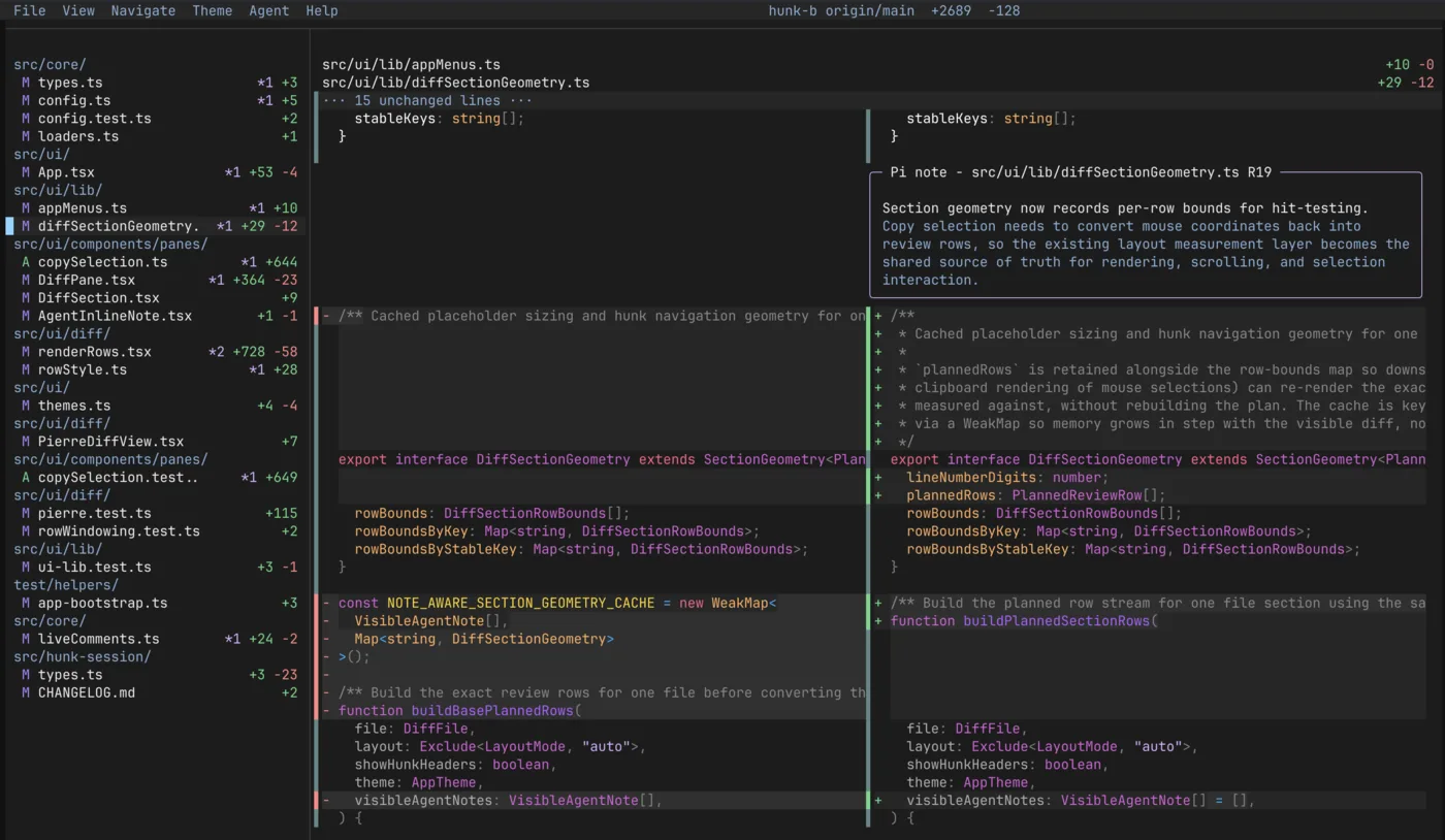 Hunk showing a multi-file review stream with a file sidebar, split diff rows, and restrained terminal chrome