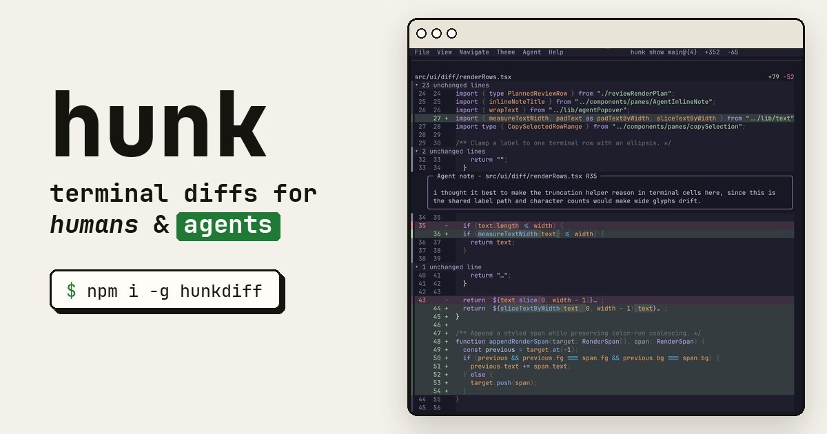 Hunk – Review-first terminal diff viewer for agentic coders